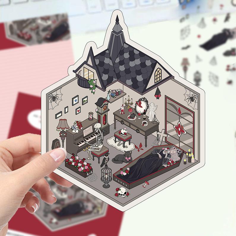 Kreslené krajinné samolepky Vícenásobný miniaturní svět 3D chata Rozbalit DIY scéna Ruční příspěvek