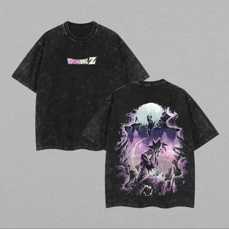 

Dragon Ball Goku T Shirt Moonlight Men Acid Wash Oversized Anime Purple Aura Cotton Vintage Gym Streetwear Graphic Back Tee M