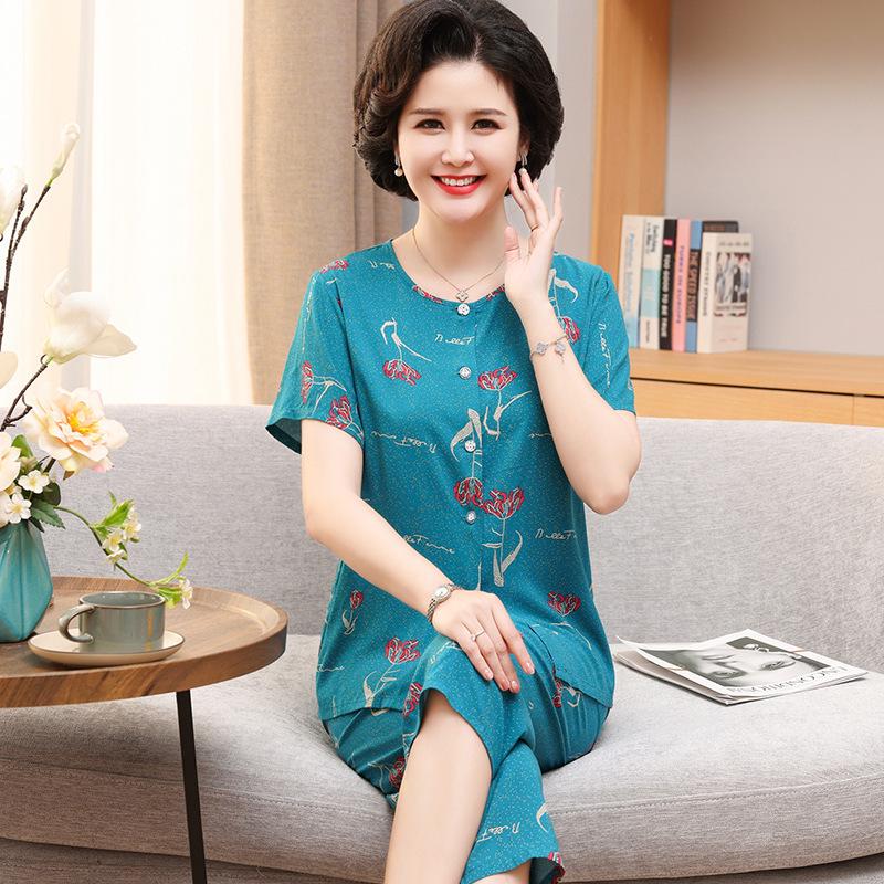 Women's Cotton Silk Short-Sleeve Pajama Set for Middle-Aged and Elderly