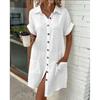 A Simple White Shirt Skirt, Made of Breathable Cotton, with A Streamlined Collar Design and Orderly Button Arrangement, Adding A Vintage Charm