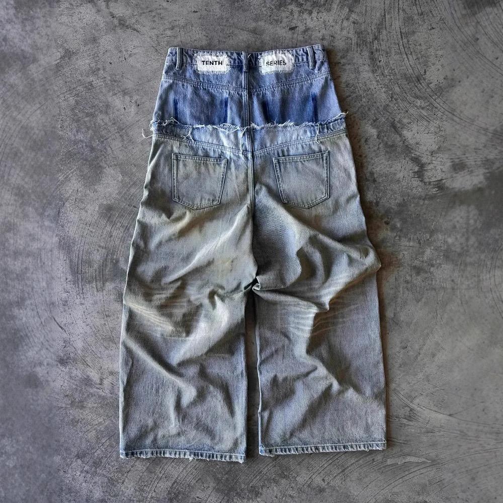 RogueWave Street Hip Hop Letter-print Jeans Men Y2k Goth Punk Harajuku Ripped Wide Leg Pants Retro Loose Straight Leg Double Waisted Pants