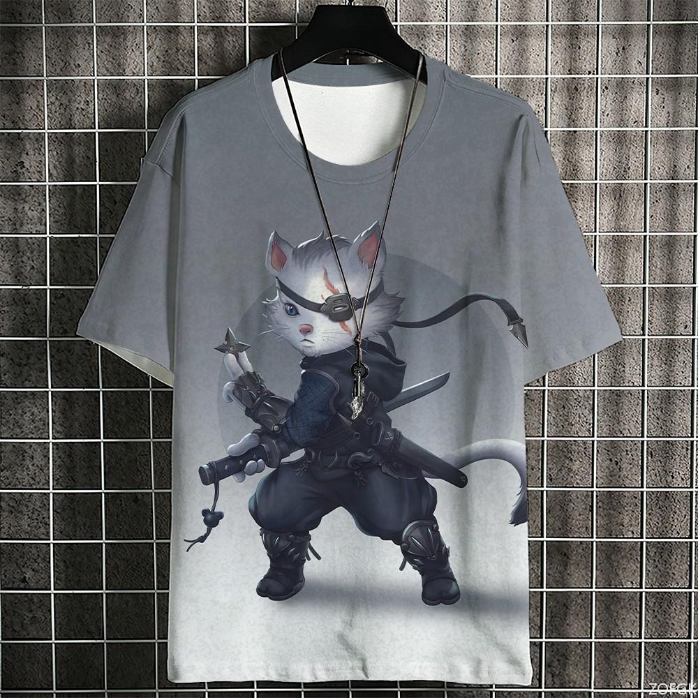Japanese Samurai Cat Men Summer Fashion Short Sleeve 3d Printed Cartoon Clothing Anime