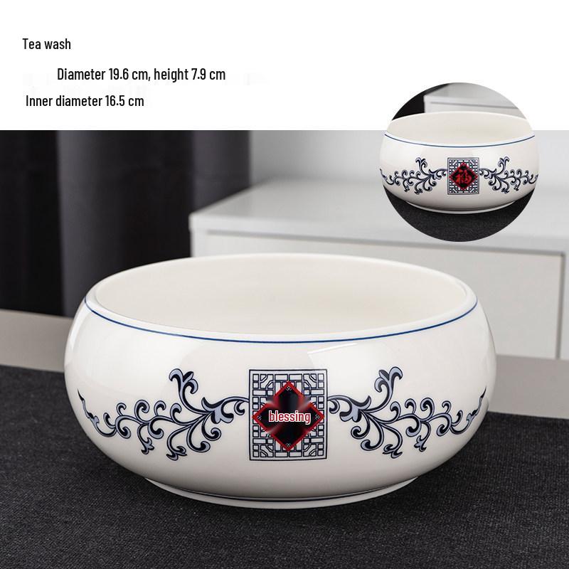 Large Chinese Style Blue and White Porcelain Tea Wash Basin and Cup Washer with Lan Ting Xu Calligraphy - Retro Ceramic Brush Washer