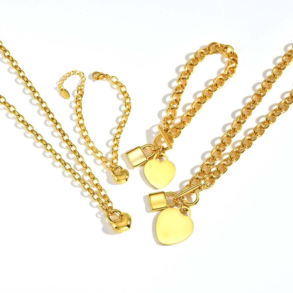Vnox Luxury Love Lock Necklace Bracelet Set Stainless Steel Thick Chain Punk Rock Female Jewelry Gifts