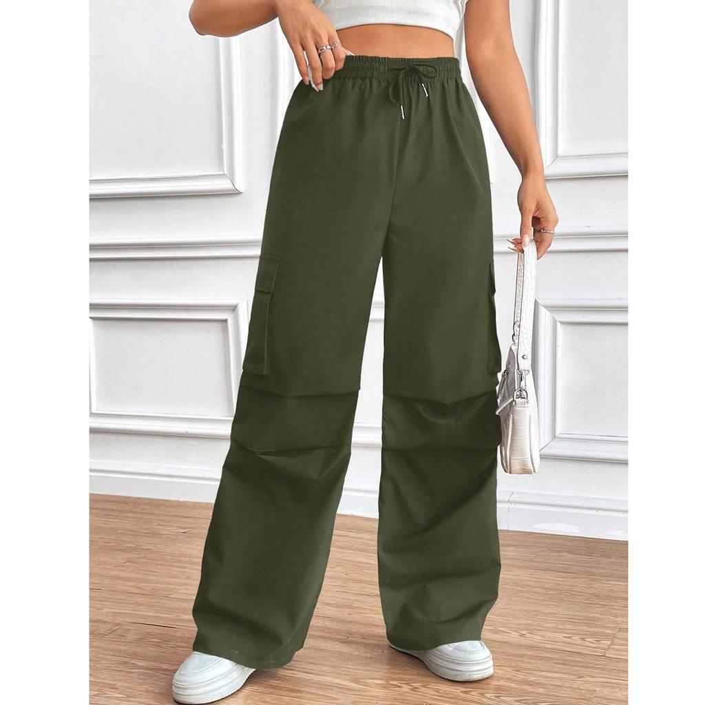 Pantalon taille haute élastique pour femme, pantalon décontracté, coupe active, jambe large, pantalon long avec poches