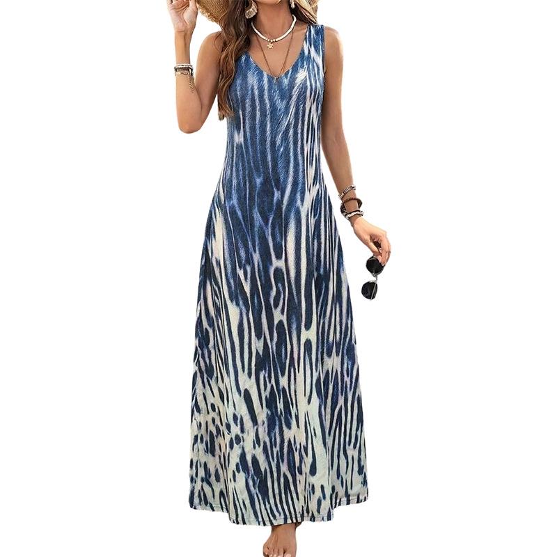 Women s Blue Stripe V-Neck Long Dress - Casual Vacation Style, Loose Fit Medium синий