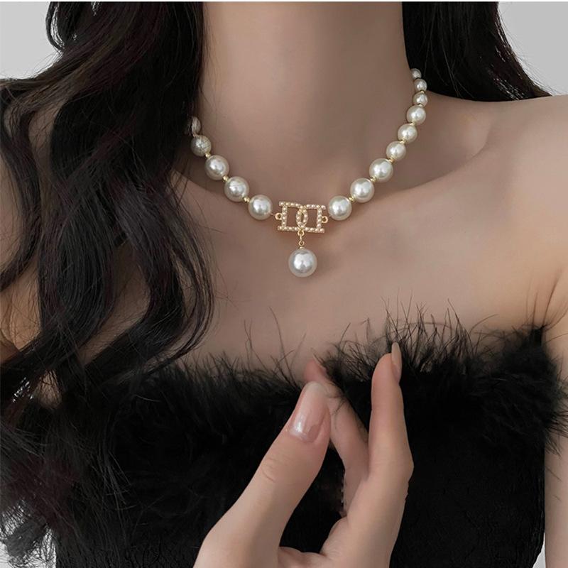 French Long Stacked Colored Pearl Necklace, Simple Temperament Collarbone Chain, Retro Necklace for Women