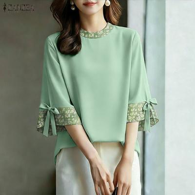 Blouse décontractée à manches 3/4 amples, avec motif floral splicing et col rond pour femme