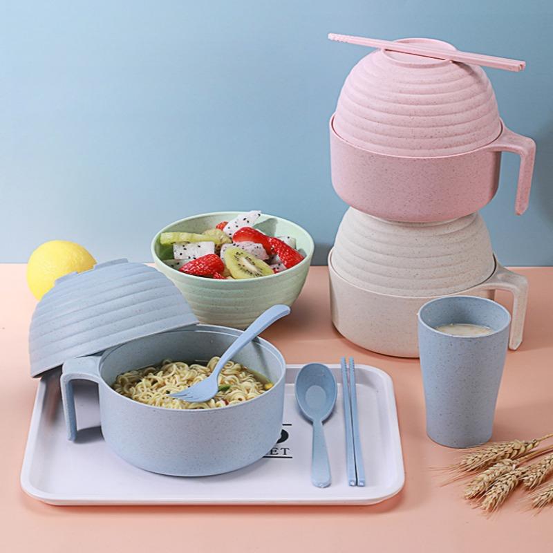 Set Bol Ramen Eco-Friendly din Paie de Grâu Dormitor Studențesc Bol pentru Microunde pentru Tăiței Instanți Bol Veselă de Casă cu Capac Mâner Boluri pentru Salată