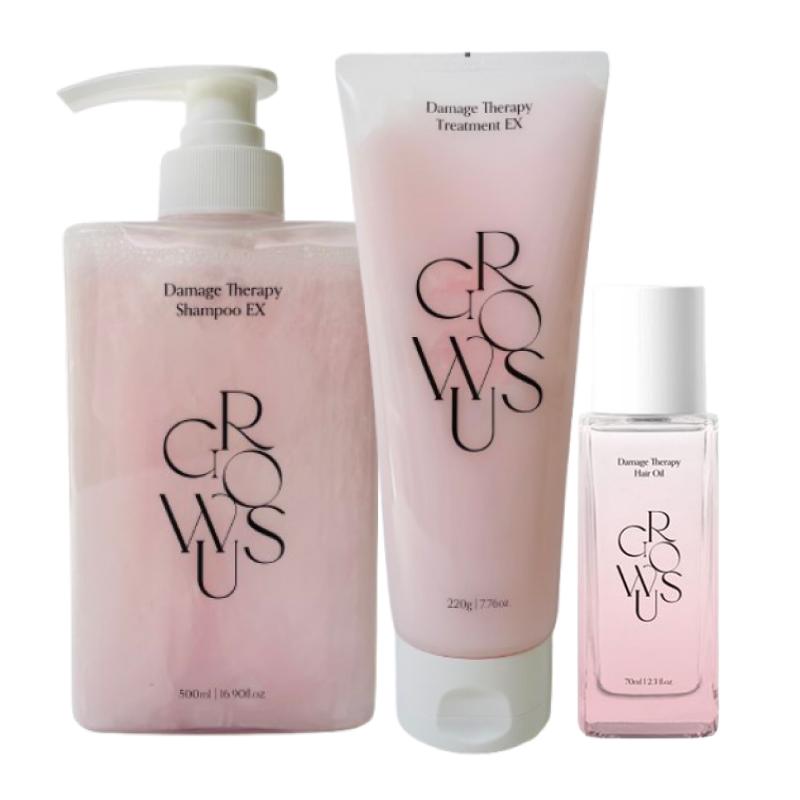 Growus Damage Therapy 3-Step Set (Shampoo EX 500ml + Treatment 220g + Hair Oil 65ml) Intensive Repair & Shine Care
