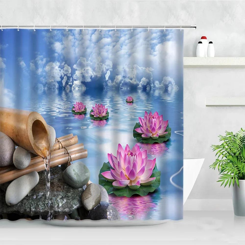 Zen Green Bamboo Shower Curtains Stone Buddha Lotus Candle Asian Japanese Spa Garden Scenery Bath Curtain Fabric Bathroom Decor