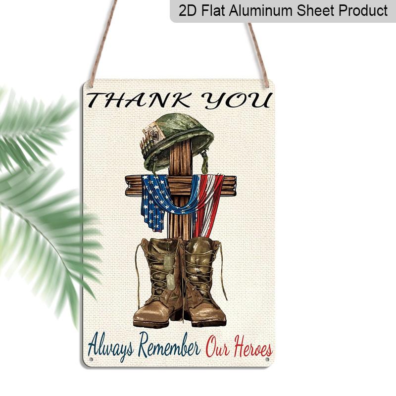 

2D Flat Decorative 8×12 Inch Aluminum Plaque Metal Sign | Thank You Always Remember Our Heroes: Fallen Soldier Memorial Cross with US Flag; Honor 20*30cm