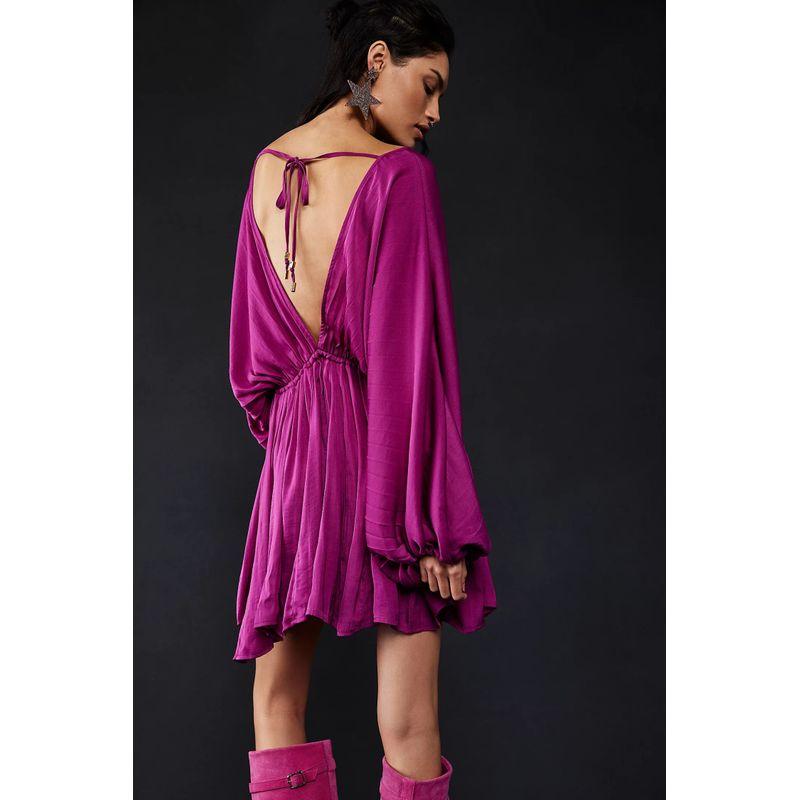 

FP Kimono Inspired Organ Pleat Design Exaggerated Sleeve Keyhole Backless Long Sleeves Dress Fuchsia XS