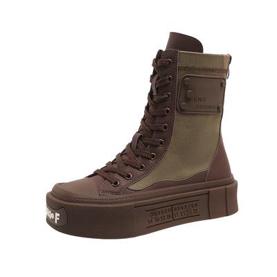 Stivali Donna in Tela Moda High Top Suola Spessa 2024 Autunno Nuovi Punta Quadrata All-Match Sportivi Tempo Libero Moda Stringati Stivaletti Donna