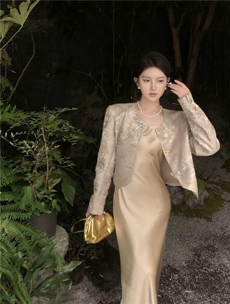 Elegant Women's Jacquard Jacket & Acetate Satin Dress Set