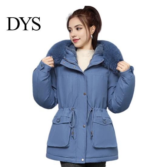Warm Cotton Jacket Women Winter Coat Thick Plush Furry Hooded Long Sleeves Pockets Lightweight Puffer Drawstring Waist Zip-up Windproof Mid