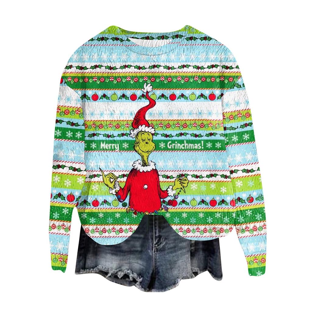 Women's Fashion Round Neck Pullover Top Long Sleeve Tee Christmas Printed Sweatshirt