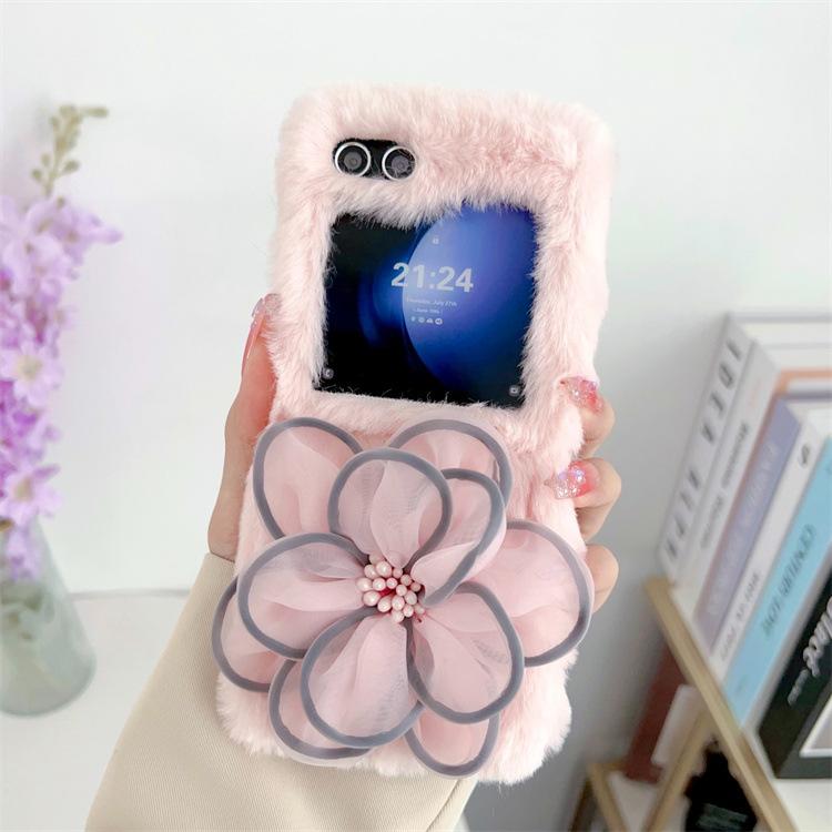 Applicable To Samsung ZFlip5 Plush Flower Phone Case Zflip3 Folding Plush Case Protective Case P50pocket