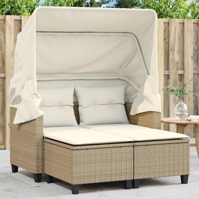 VidaXL Garden Sofa 2 Seater with Canopy and Stools, Patio Seat, Outdoor Balcony Terrace Furniture, Beige Resin 365784