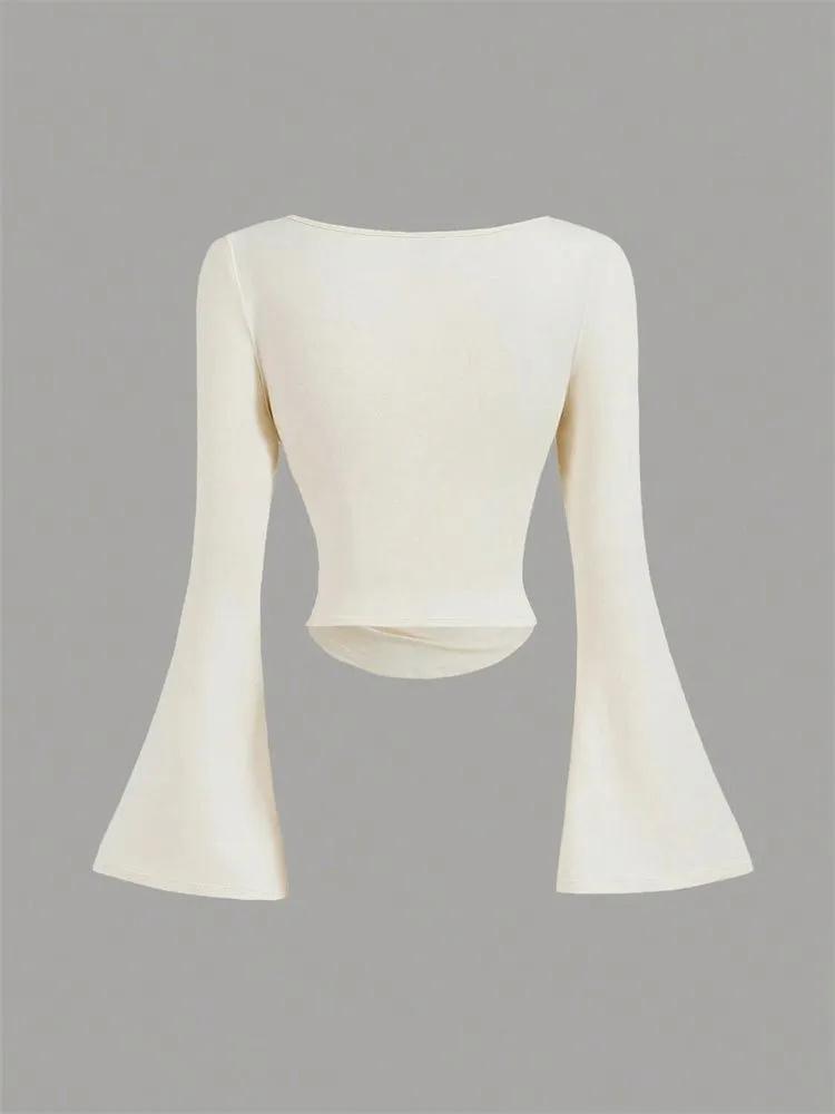 Crop Top Phumee  O-neck Pleated  Flared Sleeves A2314