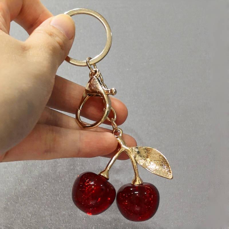 Golden Cherry Bag Pendant Keychain Keychain Resin Pendant Zinc Alloy Chain for Purse Wallet Key Accessory
