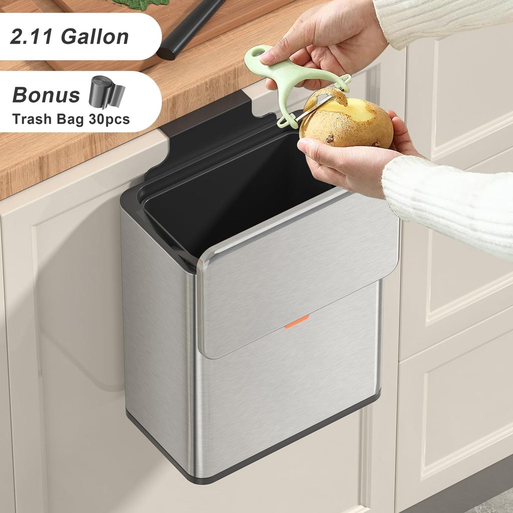 Mbillion Wall-Mounted Trash Can, 8L, with Lid, Airtight, Sliding Type, Silver