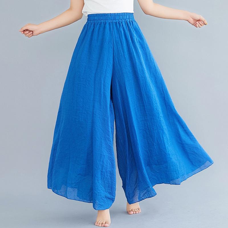 Summer Women's Trousers Artistic Large Size Cotton and Linen Wide-leg Trouser Skirt Linen Skirt Elastic Waist Solid Color Ethnic Style Trouser Skirt