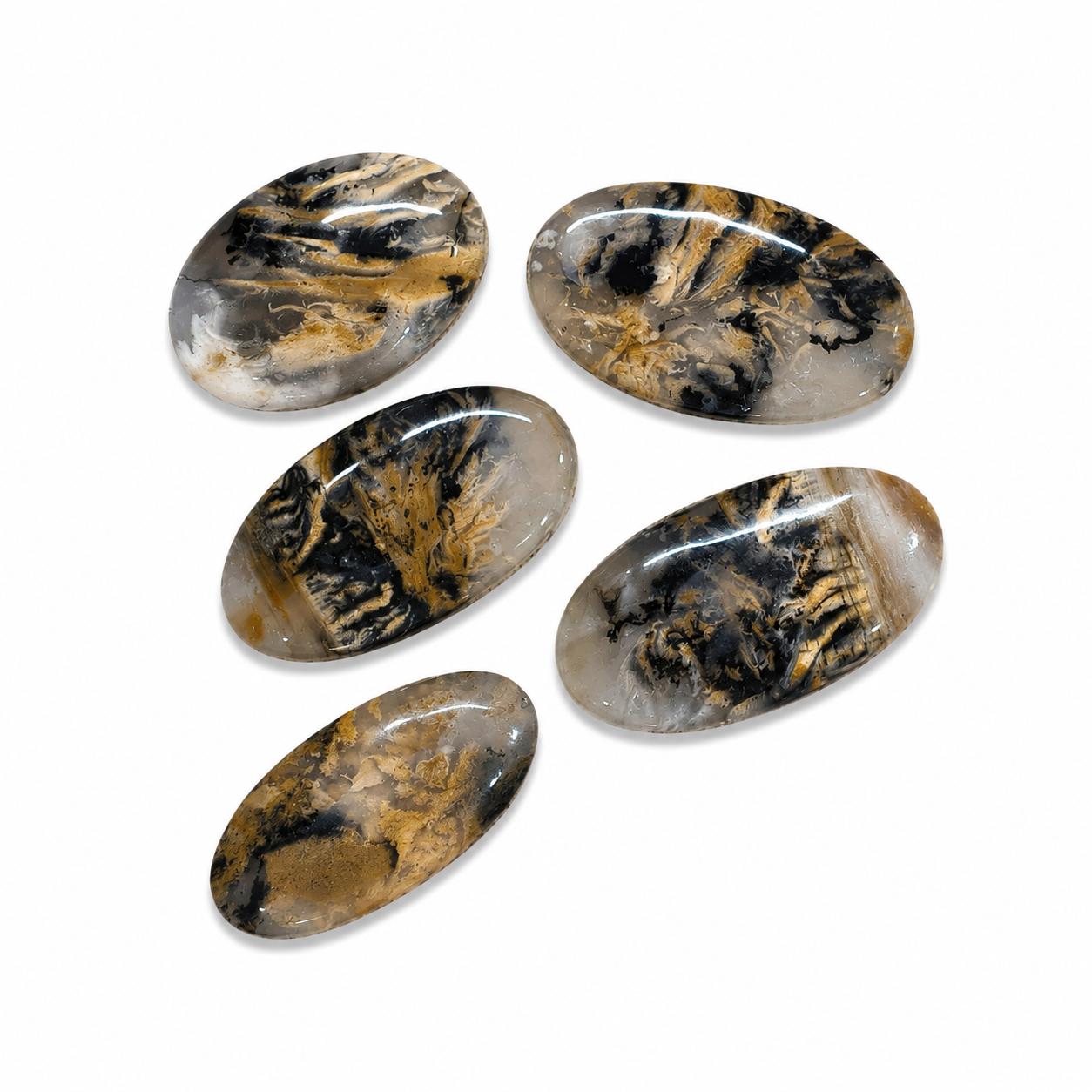 Natural Dendritic Agate Oval Cabochon Set of 5, AAA Dendritic Agate Loose Gemstones, Scenic Pattern Oval Stones for Jewelry Making