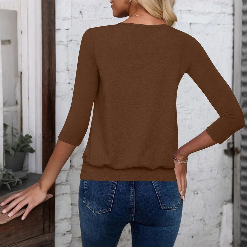 Damenmode Lässig V-Ausschnitt Dreiviertelarm Einfarbiges Oberteil