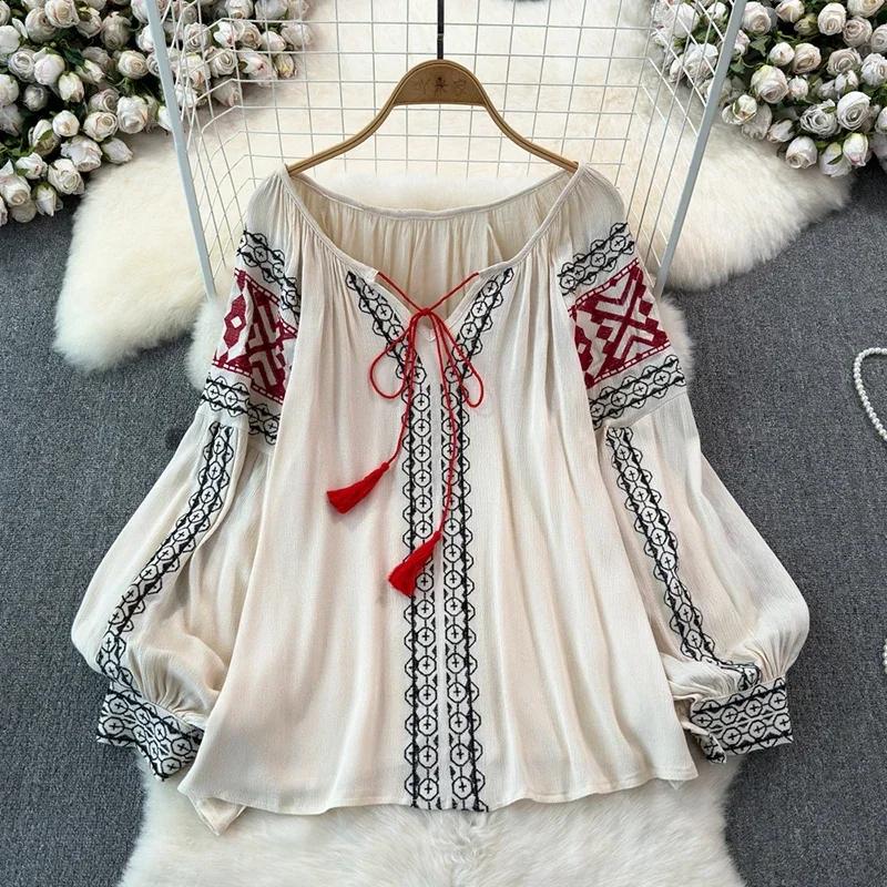 Retro Embroidered Shirt Top Female 2025 Spring Lace Up Tassel Loose Lantern Sleeves Ethnic Style Blouse Female
