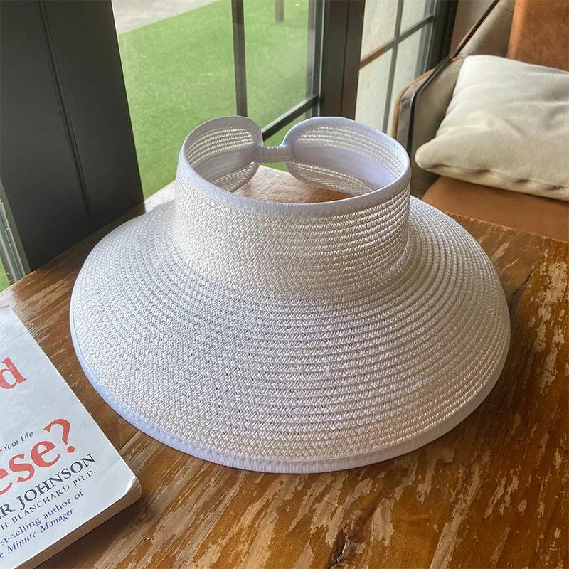 2022 Summer Foldable Women Straw Hats Solid Color Outdoor Breathable Empty Top Uv Protection Sun Hat Roll-Up Portable Beach Caps