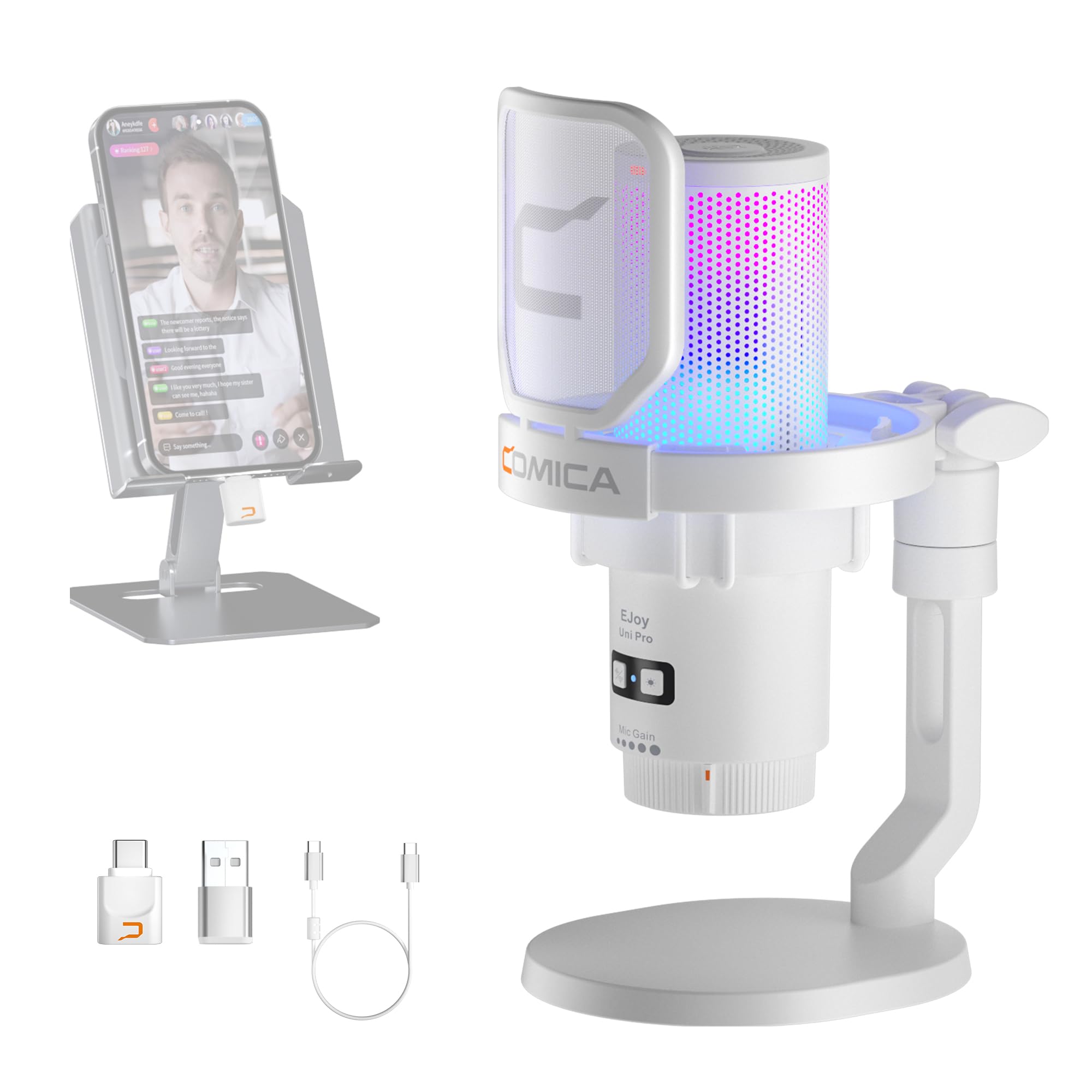 

COMICA Innovation: Wireless USB Condenser Gaming Microphone, Unidirectional, RGB Lighting, Noise Reduction, One-Touch Mute, Web Streaming, Telework, P