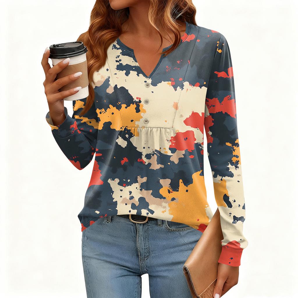 Γυναικείο Χαλαρό, V-λαιμόκοψη, Ρετρό Χρώμα, Μπλοκ με Φλοράλ Σχέδιο, Μακρυμάνικο Πουλόβερ T-shirt