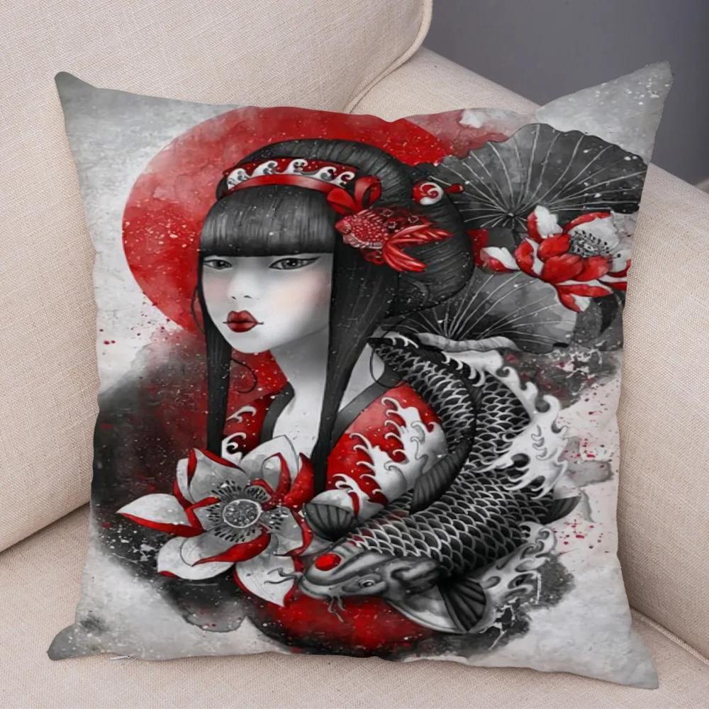 Japan Style Ink Warrior Cushion Cover for Sofa Home Double Print Decor Beautiful Scenery Girl Pillowcase Soft Plush Pillow Case
