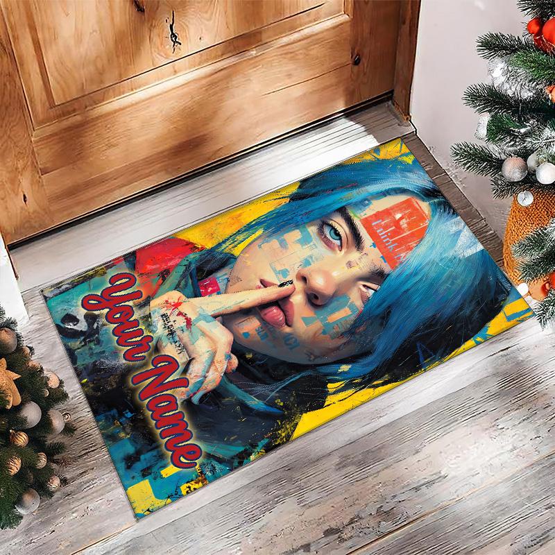 Tappeto in Velluto Cristallo Billie Eilish, Tappetino Antiscivolo Personalizzato con Testo Nome per Arredamento Casa Regalo