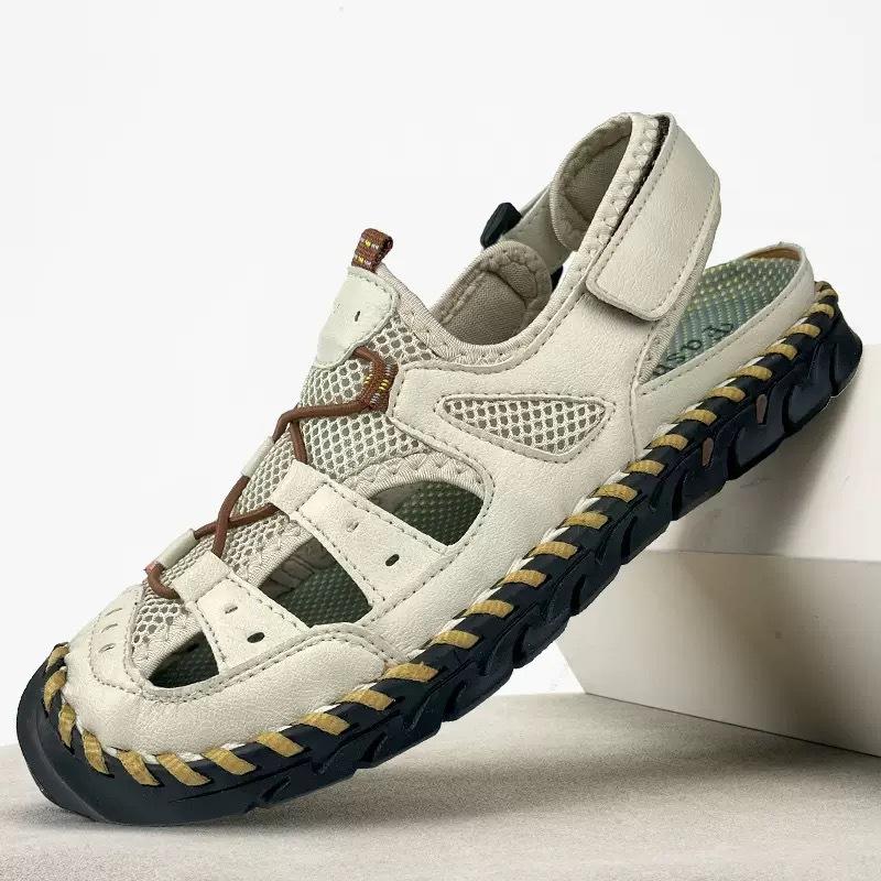 Leather Mesh Sandals Foreign Trade Large Size Breathable Hot-selling Handmade Shoes 2025 Summer New Casual Men's Beach Shoes