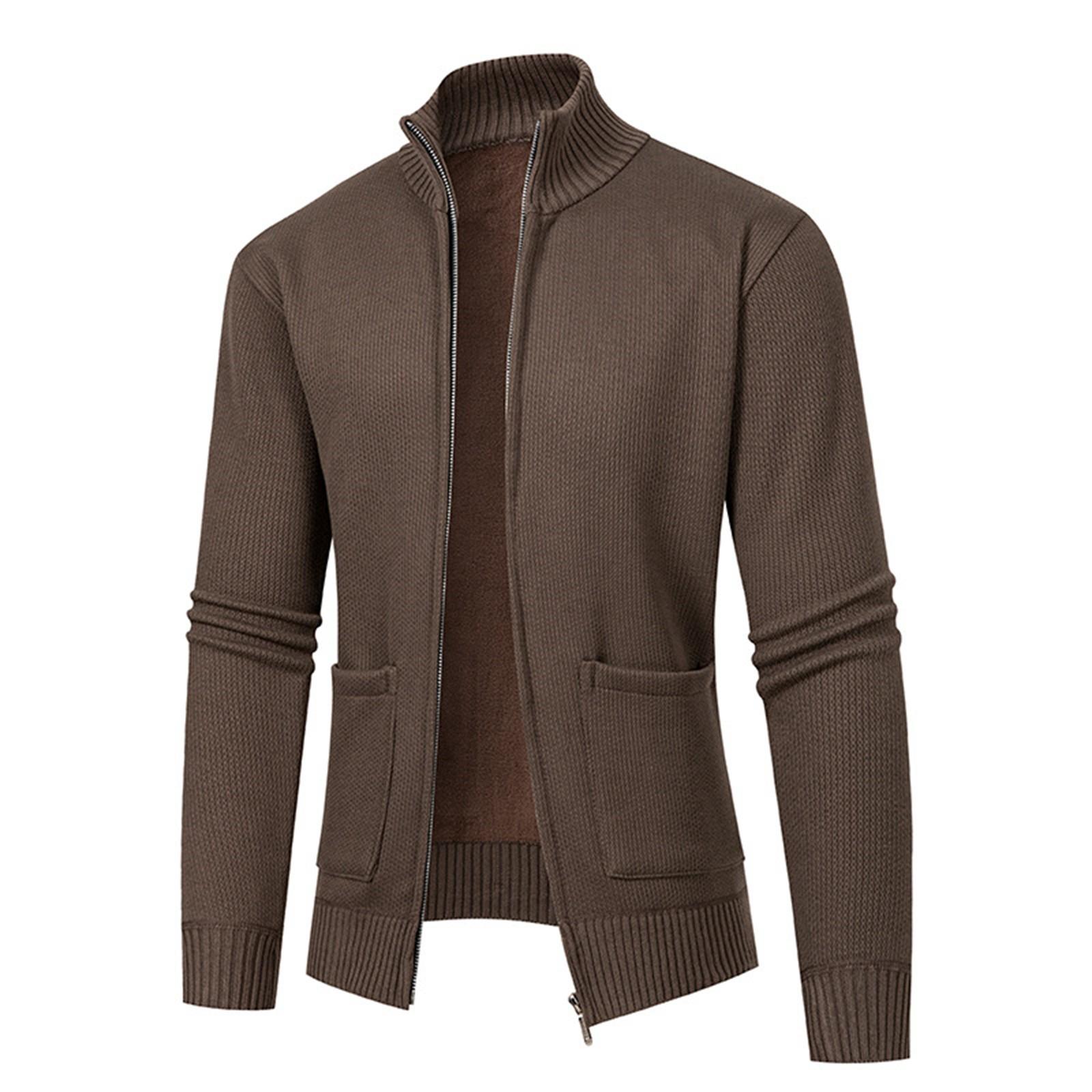 Мужской кашемировый вязаный кардиган на осень и зиму для среднего возраста повседневный теплый однотонный свитер с воротником-стойкой пальто большого размера L кофейный 10130₽