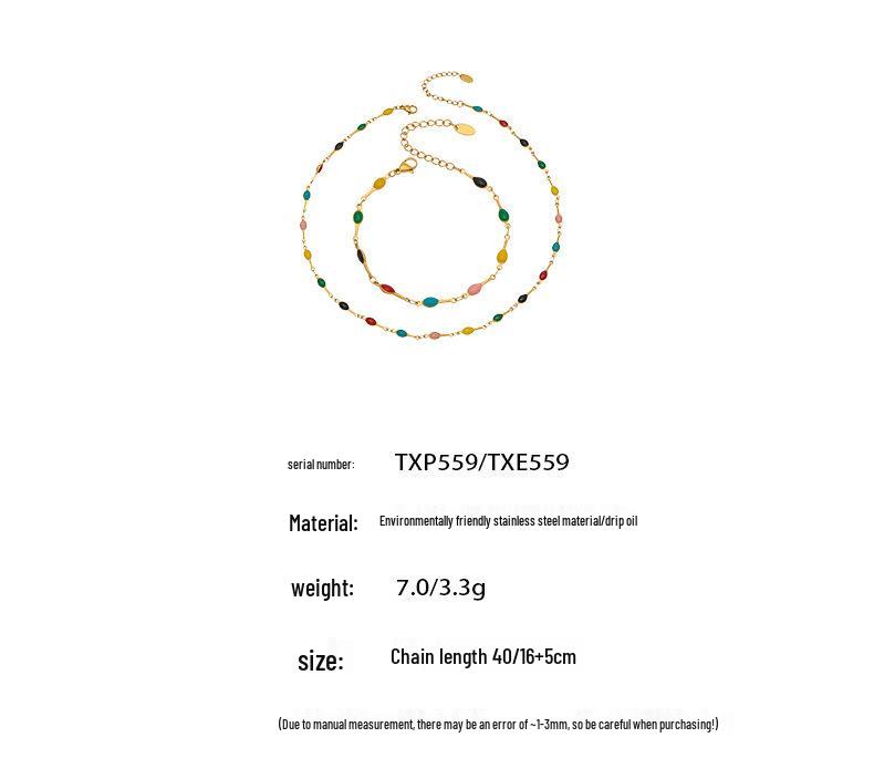 European Style Dopamine Color Block Necklace & Bracelet Set: Stainless Steel Drip Oil, Clavicle Design, Simple & Stylish Personality.