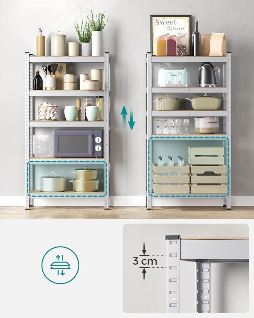 5-poziomowy regał stalowy, do garażu, szopy, pojemność 650 kg, 30 x 75 x 150 cm,