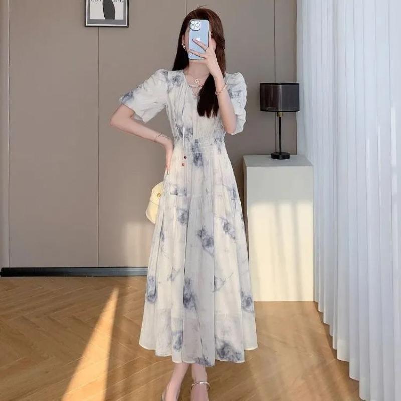 Damska Letnia Sukienka Maxi z Kwiatowym Wzorem, Okrągłym Dekoltem, Bufiastymi Rękawami, Wysokim Stanem, Elegancka, Codzienna