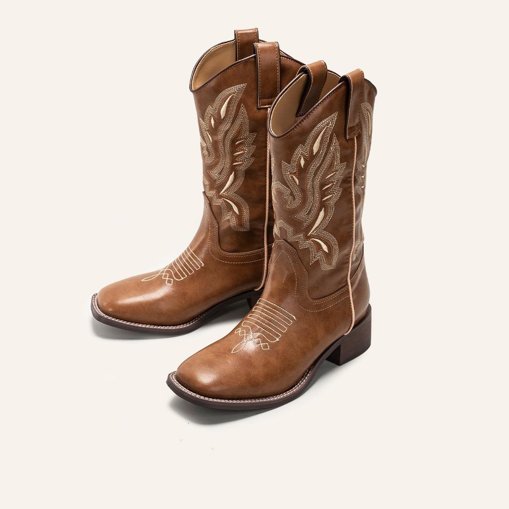 Düz Renk İşlemeli Maillard Batı Şövalye Kadın Sonbahar Yeni Stil Kare Burunlu V Yaka Uzun Çizmeler