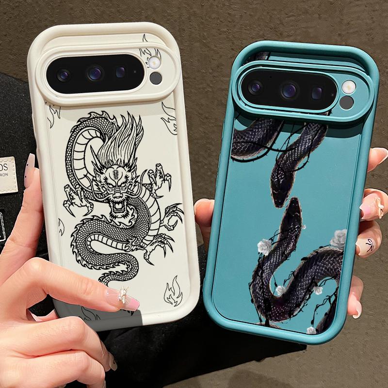 Unearthly Dragon Pattern TPU Matte Case For Google Pixel 9 Pro XL 8 Pro 8A Rose Snake Print Soft Lens Protection Shockproof Phone Cover
