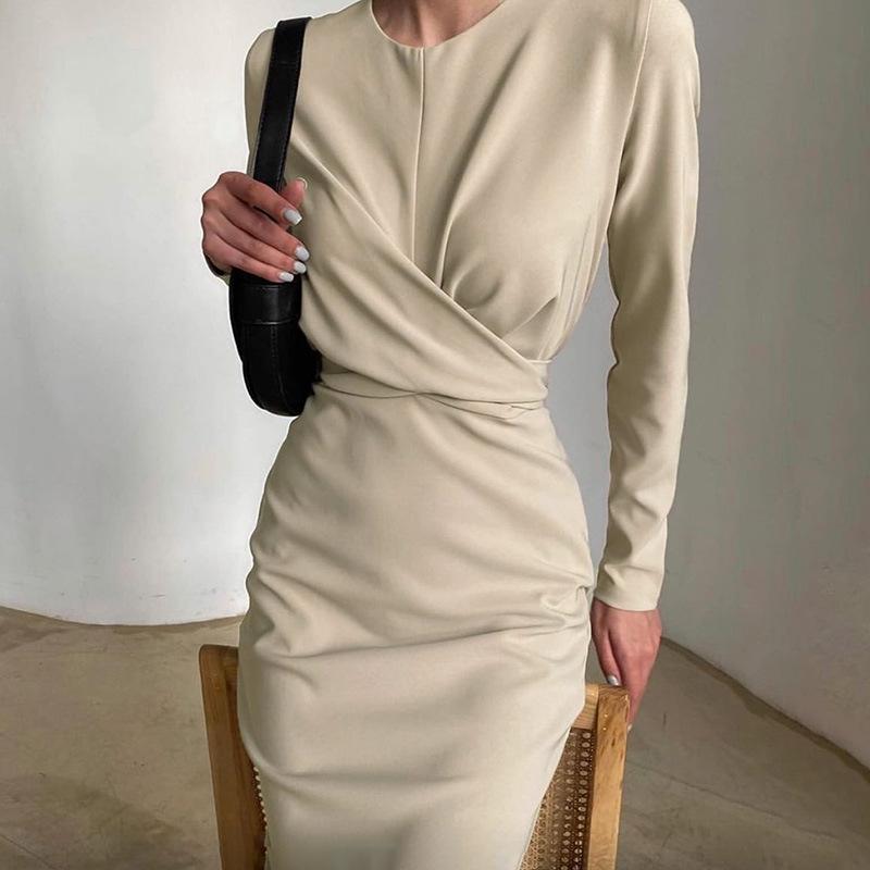 Women's Long Sleeve Round Neck French Retro Slim Long Dress