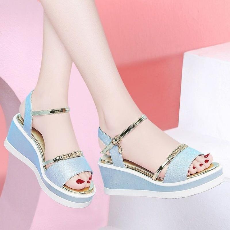 Soft Leather Sandals Women's Summer New Wedge Heel Sandals Versatile Comfortable Medium Heel Thick Sole Korean Version of High Heel Women's Shoes Tide