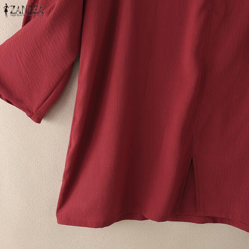 ZANZEA Women Casual V-Neck Loose 3/4 Sleeve Solid Blouse