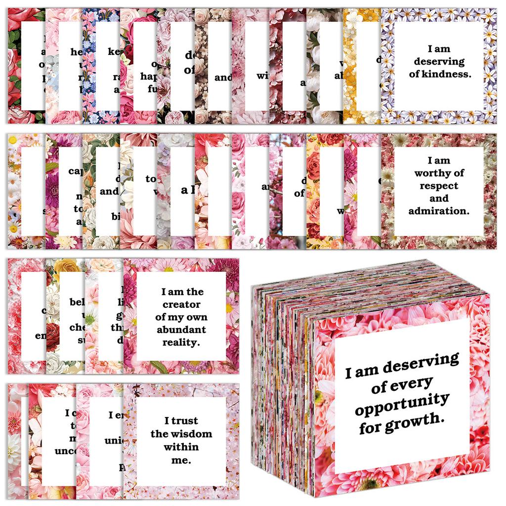 60Pcs Floral Affirmation Cards Pink, Daily Motivational Quote Set for Women, Inspiring Kindness Gratitude Notes, Gift Supplies