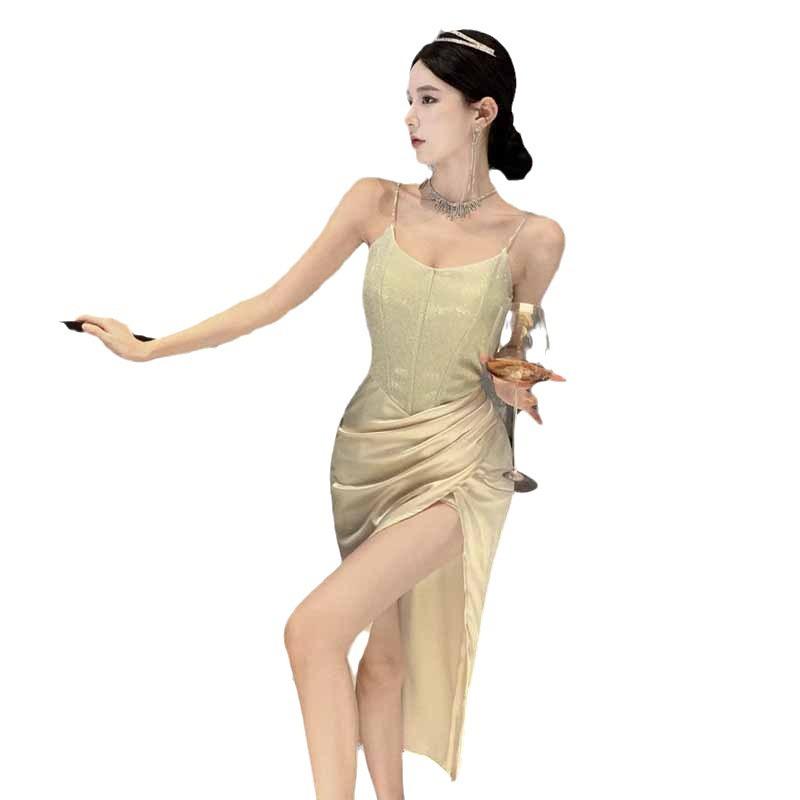 New women's temperament socialite style shiny split suspender dress