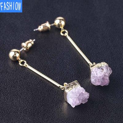 Mode Unregelmäßiger Natürlicher Kristallknospen Aura Amethyst Schmuck Anhänger Ohrringe Goldschmuck Damen Lange Ohrringe