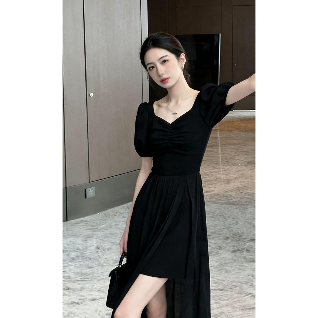 Elegant French Slimming V-neck Slit Dress - Korean Style, Plus Size, Perfect for Outings