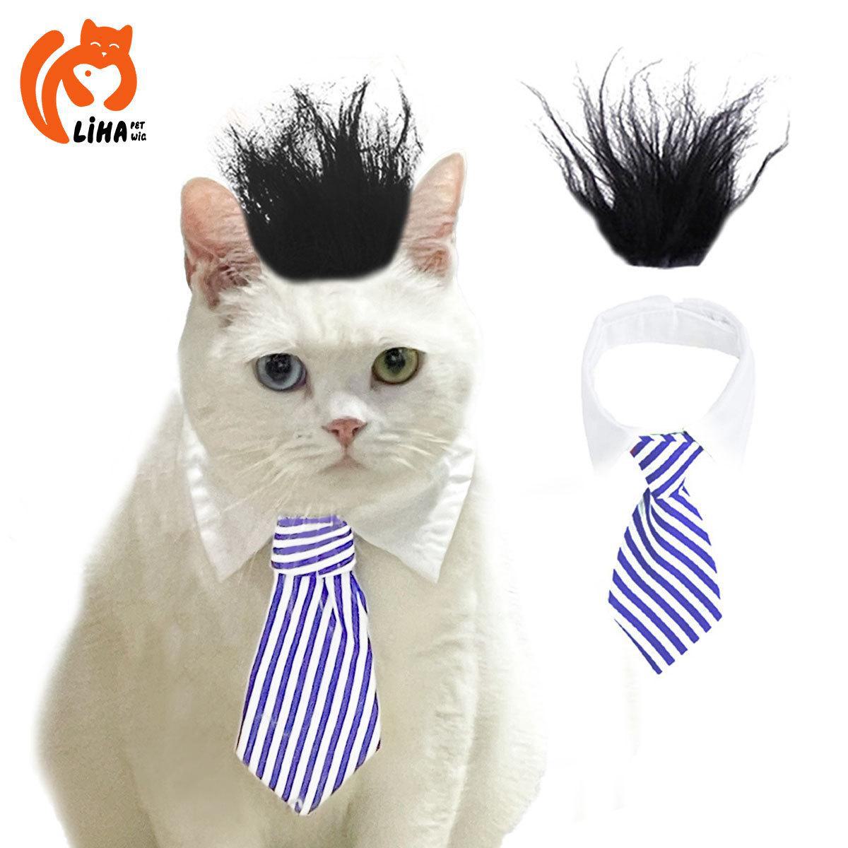 

Парик для домашних животных с белой рубашкой и галстуком - забавные аксессуары для волос для кошек и собак S (For cats under 12 pounds)